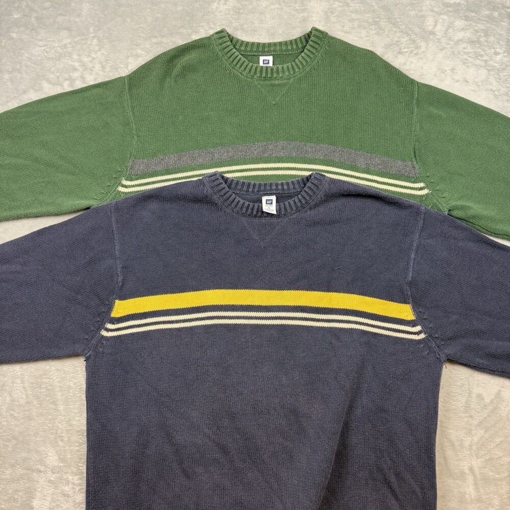 Vintage GAP Factory Store XL Striped Cotton Knit Sweater Green Navy Bundle 2